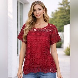 Red Lace Crochet Top Short Sleeve Fully Lined Size S